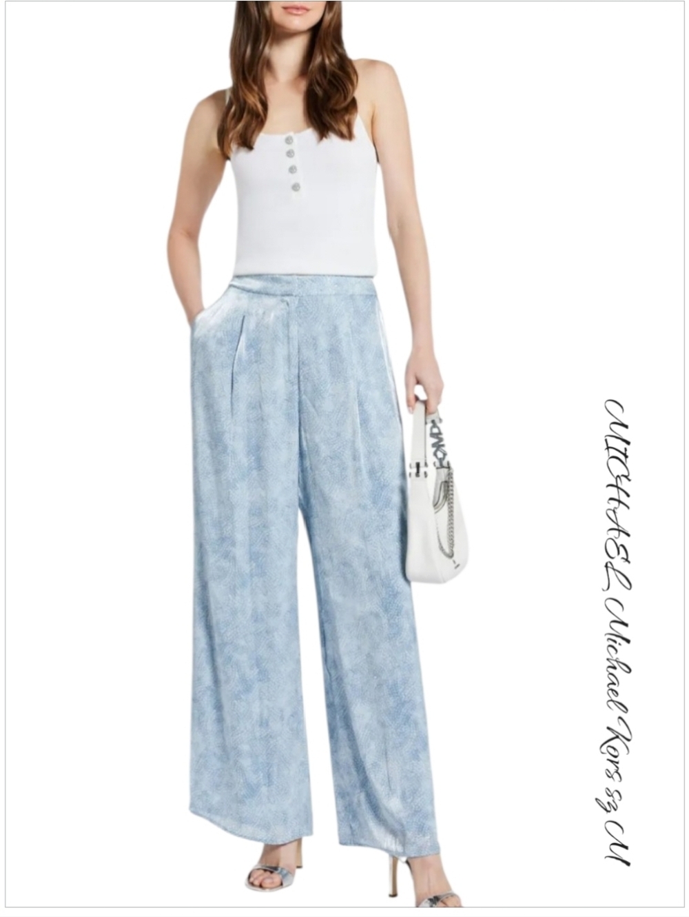 NWT Michael Kors Petal Blue Wide Leg Front Pleat Trousers Crepe Flowy Pants M